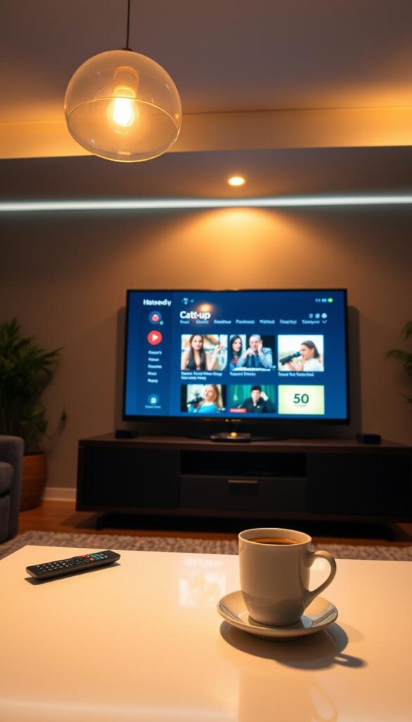 A cozy living room with a large, flat-screen TV taking center stage. The TV displays the sleek, modern interface of the Hoxtoon Provider IPTV service, showcasing its catch-up feature. Warm, ambient lighting casts a soft glow, creating a welcoming atmosphere. In the foreground, a remote control and a cup of coffee sit on a stylish, minimalist coffee table, hinting at the relaxed experience of rewatching missed shows. The room is decorated with subtle, contemporary elements, suggesting a tech-savvy, yet comfortable setting. The overall scene conveys the convenience and enjoyment of accessing a wide range of content through the Hoxtoon Provider IPTV catch-up functionality.