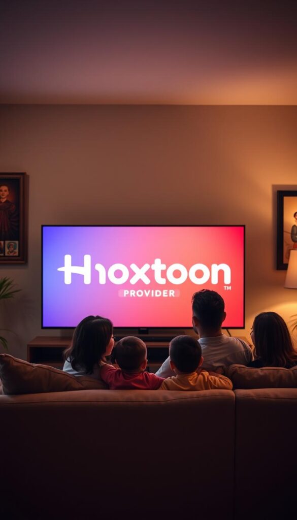A cozy living room with a large flat-screen television prominently displayed, showcasing the Hoxtoon Provider logo. In the foreground, a Latino family - parents and two children - are sitting comfortably on a plush sofa, engrossed in the programming. The room is bathed in warm, soft lighting, creating a welcoming atmosphere. The walls are adorned with vibrant, culturally-inspired artwork, and a bookshelf in the background suggests a rich intellectual and artistic environment. The scene conveys a sense of family, entertainment, and cultural immersion, reflecting the Latino cultural programming available on the Hoxtoon streaming platform.