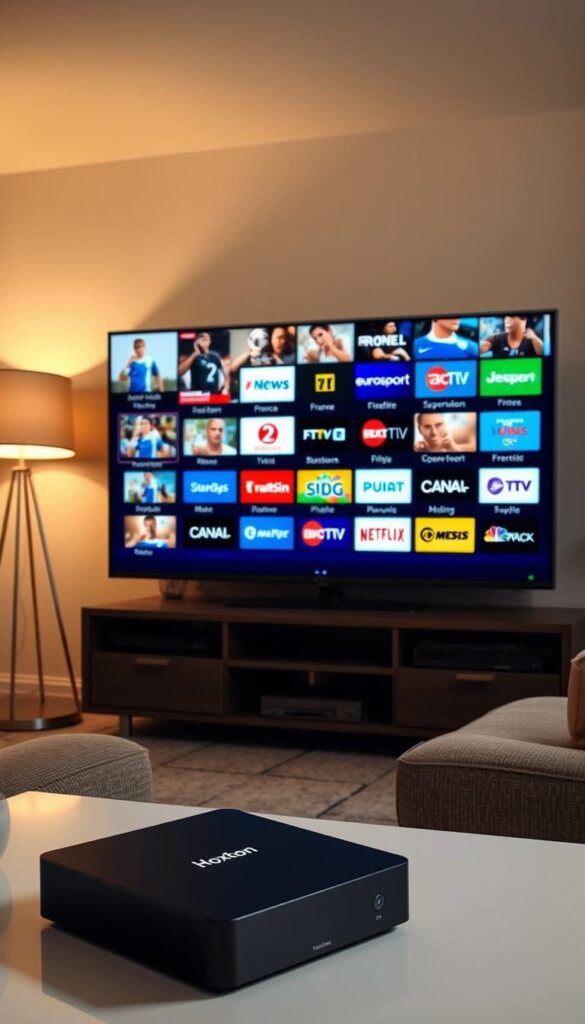 A cozy living room with a large flatscreen TV displaying a diverse array of French IPTV channels, including popular news, entertainment, and sports networks like TF1, France 2, Canal+, and Eurosport. The room is illuminated by warm, diffused lighting from a modern floor lamp, creating a comfortable and inviting atmosphere. In the foreground, a Hoxtoon Provider streaming device is prominently featured, hinting at the seamless integration of IPTV technology in the French household. The overall scene conveys the accessibility and appeal of a wide range of French television content for the discerning viewer.