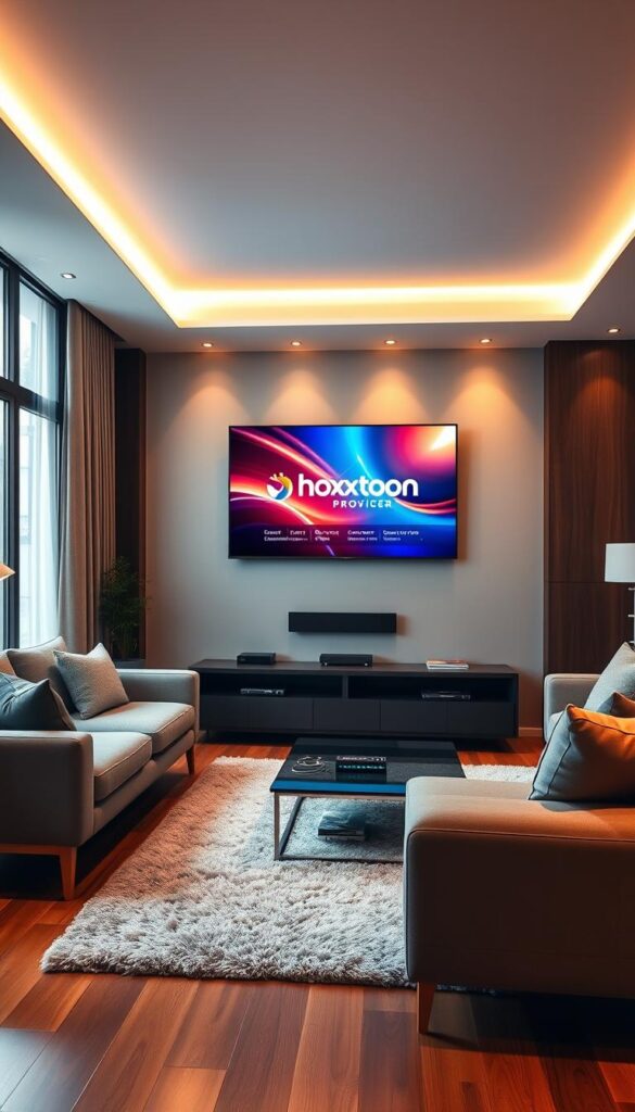 A cozy living room with a large flatscreen TV mounted on the wall, displaying a vibrant, high-definition IPTV streaming interface. Sleek, modern furniture surrounds the TV, and a plush rug covers the hardwood floor. Warm, indirect lighting creates a comfortable ambiance, while a large window allows natural light to filter in, casting a soft glow on the scene. On the TV screen, the Hoxtoon Provider logo is prominently displayed, showcasing its seamless IPTV streaming experience. The room exudes a sense of relaxation and entertainment, perfectly capturing the "Optimizing Your Streaming Experience" concept.
