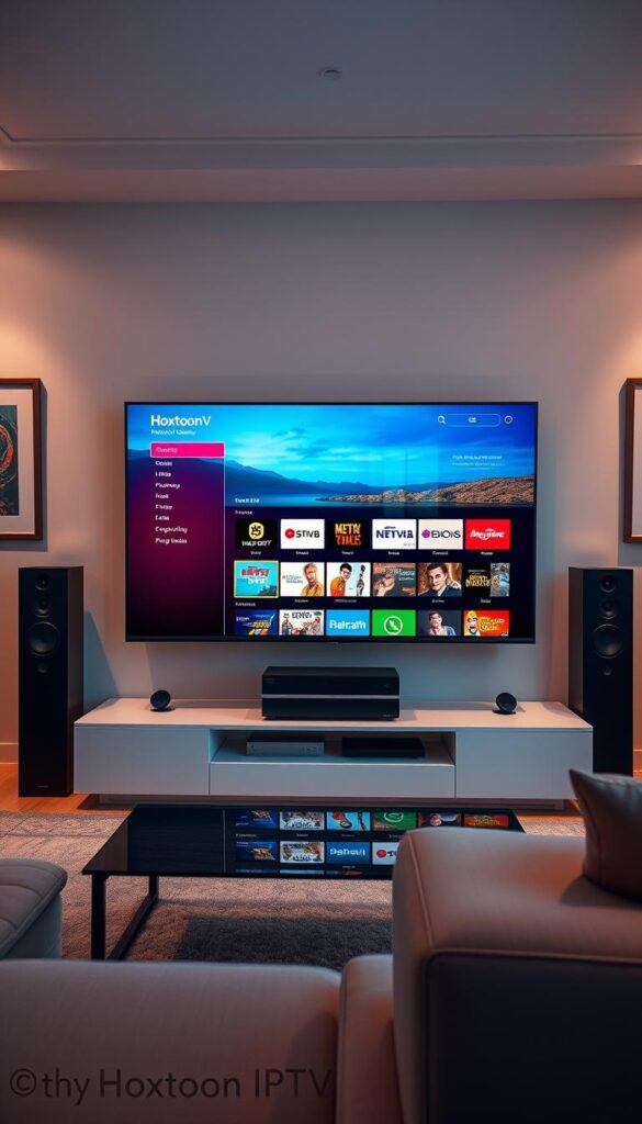 A cozy living room with a large, state-of-the-art 4K television prominently displayed. On the screen, the Hoxtoon IPTV provider's vibrant interface showcases its expansive 150,000+ VOD library, offering a wide range of on-demand entertainment options. The room is bathed in soft, warm lighting, creating a inviting and relaxing atmosphere. The television is placed on a modern, minimalist media console, with sleek, high-end audio equipment flanking it. The walls are adorned with framed artwork, adding to the stylish, contemporary ambiance. Subtle reflections on the TV screen suggest a large window or sliding glass door, hinting at a picturesque outdoor view beyond.