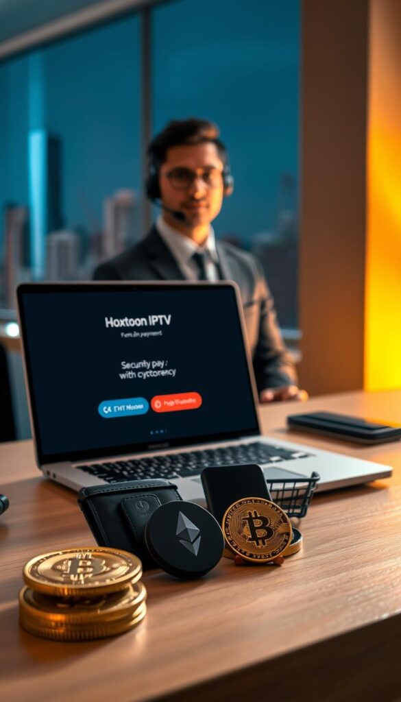 A customer service desk for the Hoxtoon Provider IPTV service, bathed in a soft, warm light. On the desk, a laptop displays a payment page, inviting the user to securely pay with cryptocurrency. The foreground showcases a variety of digital wallets, including Bitcoin, Ethereum, and Litecoin, alongside a stylized crypto checkout icon. In the middle ground, a support agent, dressed professionally, is ready to assist the customer. The background features a blurred cityscape, hinting at the global reach of the Hoxtoon IPTV service. The overall scene conveys a sense of trust, security, and seamless customer experience.