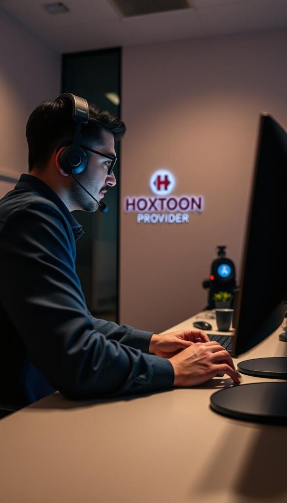 A customer service representative assisting a lifetime IPTV subscriber from the Hoxtoon Provider in a dimly lit office. The representative, wearing a headset, is intently focused on their computer screen, providing personalized guidance to the customer who is seated across the desk. The office is adorned with Hoxtoon Provider branding, conveying a sense of professionalism and reliability. Soft, warm lighting illuminates the scene, creating a welcoming atmosphere. The angle captures the interaction from a perspective that emphasizes the customer's trust in the provider's commitment to quality service and support.
