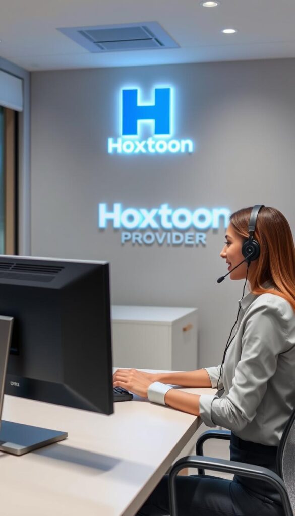 A customer service representative dressed in a professional attire, sitting at a desk in a modern office environment. The office features clean lines, muted colors, and subtle lighting, creating a calming and focused atmosphere. The representative is intently focused on a computer screen, assisting a customer on the phone with a friendly and patient demeanor. In the background, the Hoxtoon Provider logo is prominently displayed, signifying the high-quality IPTV service being discussed. The scene conveys a sense of reliable and responsive customer support, in line with the article's subject matter.