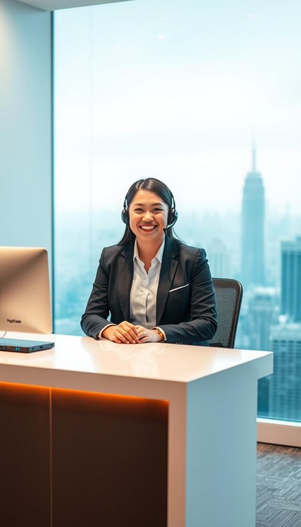 A customer service representative for the Hoxtoon Provider IPTV box, dressed in a crisp, professional attire, sits at a sleek, modern desk in a well-lit, minimalist office. The representative's face is friendly and attentive, ready to assist customers with any inquiries or issues. The desk is adorned with a discreet Hoxtoon Provider logo, and the background features a subtle, blurred cityscape, conveying a sense of reliability and global reach. Soft, warm lighting illuminates the scene, creating a welcoming and trustworthy atmosphere.