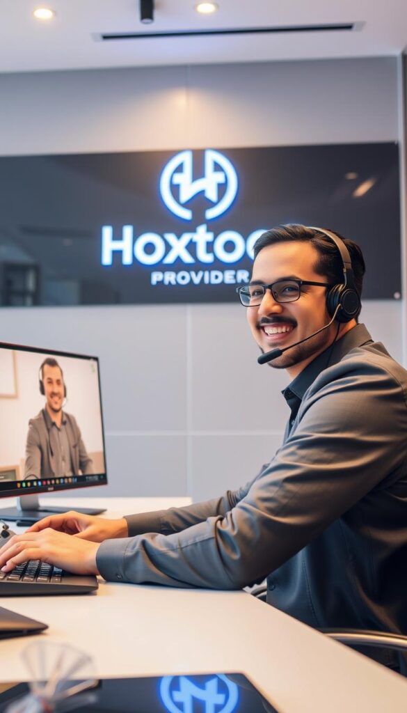 A customer service representative for the Hoxtoon Provider IPTV service sitting at a desk in a modern, well-lit office. The representative wears a headset and is smiling while assisting an Arabic-speaking customer on a video call. The background features the Hoxtoon Provider logo and branding, creating a professional and trustworthy atmosphere. The lighting is warm and the camera angle is at eye level, conveying a sense of approachability and personalized attention. The scene exudes a mood of friendly, efficient, and reliable customer support.
