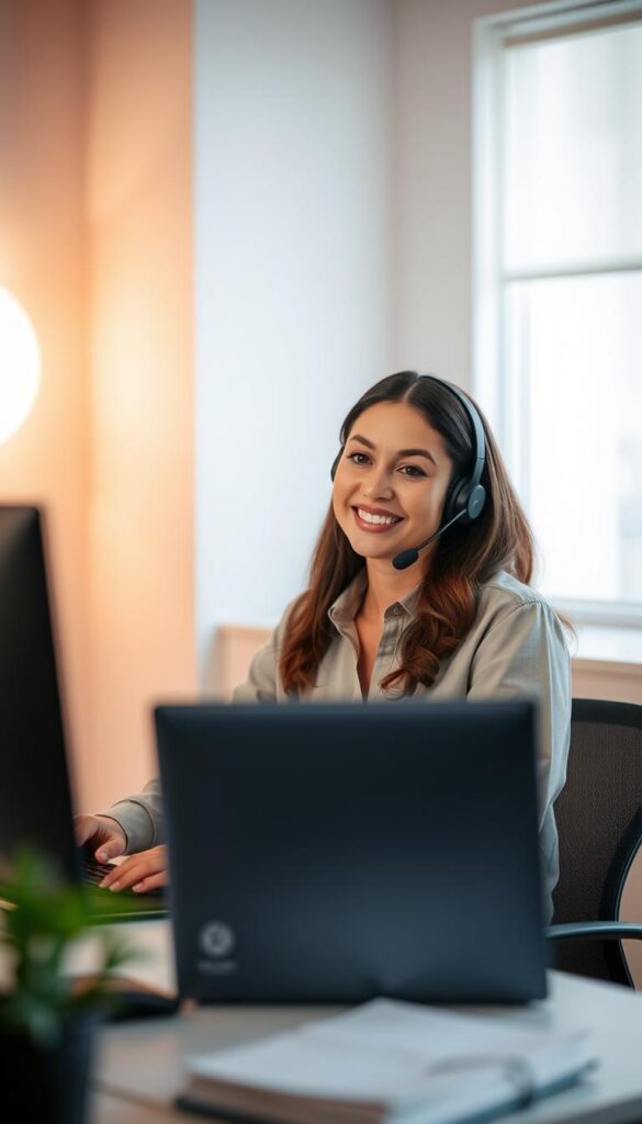 A customer service representative for the Hoxtoon Provider streaming service, sitting at a desk in a minimalist office setting. Soft, diffused lighting from a window creates a warm, inviting atmosphere. The representative wears a neutral-colored shirt and has a friendly, empathetic expression as they assist a customer over the phone. The background features clean, uncluttered surfaces, hinting at an efficient, streamlined support system. The overall scene conveys a sense of professionalism and a customer-centric approach, reflecting the reliability and affordability of the Hoxtoon service.