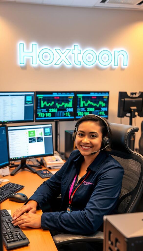 A customer service representative from the Hoxtoon Provider IPTV company sitting at a neatly organized desk, surrounded by high-tech monitoring equipment and multiple computer screens displaying customer support metrics. The representative has a welcoming expression, ready to assist customers with a friendly and professional demeanor. The office environment is brightly lit with warm lighting, creating a welcoming atmosphere. The background features the Hoxtoon Provider logo prominently displayed, reinforcing the brand identity. The overall scene conveys a sense of reliability, efficiency, and a commitment to customer satisfaction.