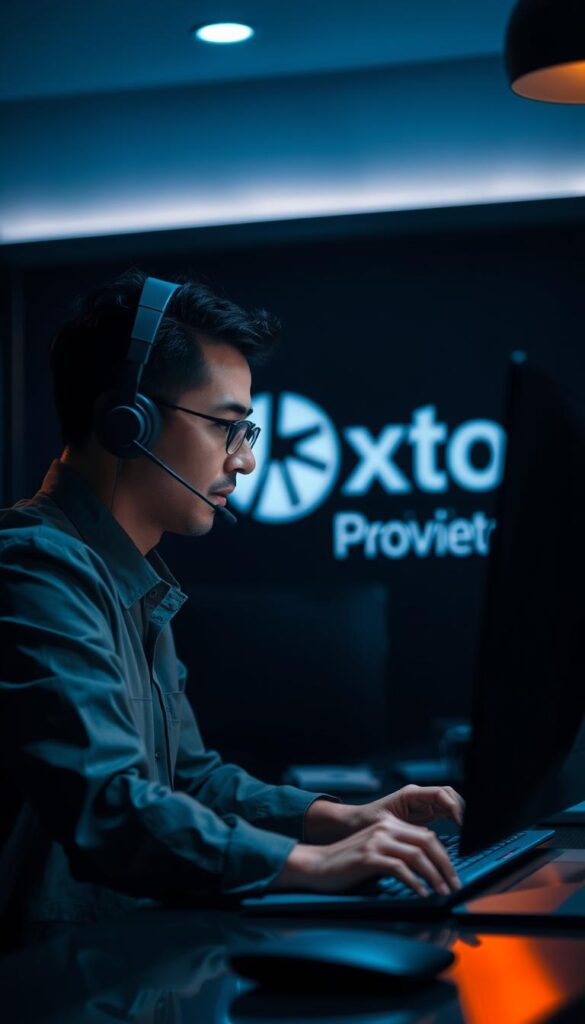 A customer service representative in a dimly lit IPTV support center, wearing a headset and typing on a computer. The background features the Hoxtoon Provider logo, conveying a sense of professionalism and reliability. Subtle lighting from the monitor casts a warm glow, creating a welcoming atmosphere. The agent's expression exudes patience and a commitment to resolving the customer's issue, reflecting the premium customer support and service guarantees promised.