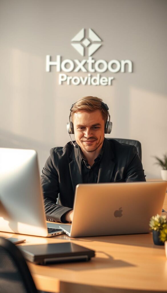 A customer service representative sits at a desk, focused on a laptop screen, surrounded by a modern and minimalist office environment. The lighting is warm and natural, creating a calming atmosphere. In the background, a sleek "Hoxtoon Provider" logo is prominently displayed, indicating the brand's involvement in the scene. The representative's expression conveys a sense of professionalism and dedication to assisting the customer. The overall composition suggests an efficient, well-organized, and customer-centric IPTV support experience.