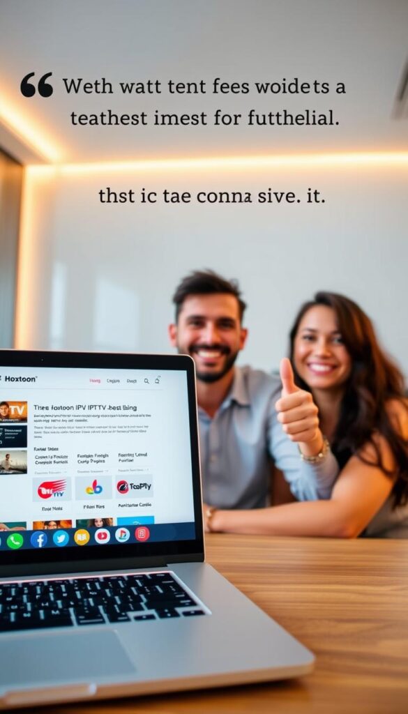 A customer testimonial for the Hoxtoon Provider IPTV service, set against a modern, minimalist backdrop. In the foreground, a laptop or tablet displays the Hoxtoon website, showcasing their user-friendly interface and wide selection of live TV channels. The middle ground features a satisfied customer, smiling and giving a thumbs-up, conveying their positive experience with the service. The background is a softly-lit, clean office environment, suggesting the reliability and professionalism of the Hoxtoon Provider. Warm, natural lighting illuminates the scene, creating an inviting and trustworthy atmosphere.