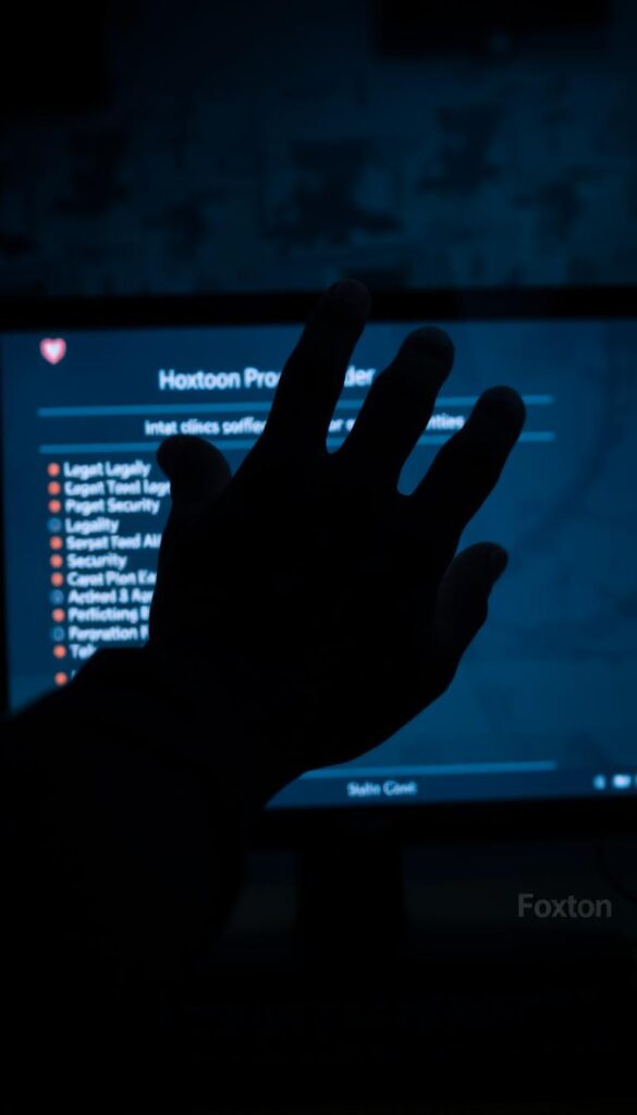A dark, moody room illuminated by the soft glow of a desktop computer monitor. In the foreground, a hand cautiously navigates through the interface of a Hoxtoon Provider IPTV service, examining the legality and security considerations. The background is hazy, evoking a sense of uncertainty and the potential risks associated with unlicensed IPTV platforms. The lighting is dramatic, casting deep shadows and highlighting the pensive expression on the user's face. The scene conveys the gravity of the decision to use IPTV services, with the viewer left to ponder the implications of their choices.