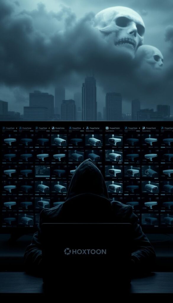 A dark, moody scene depicting the risks of IPTV security. In the foreground, a shadowy figure hunched over a laptop, their face obscured, hacking into an unsecured IPTV network. Hoxtoon Provider's logo is prominently displayed, representing the illicit service. The middle ground shows a grid of surveillance camera feeds, each displaying sensitive user data and financial information. In the background, a looming, ominous cityscape, conveying the sense of danger and the unseen threats lurking in the digital landscape. Dramatic lighting, deep shadows, and a muted color palette create an atmosphere of foreboding and unease.