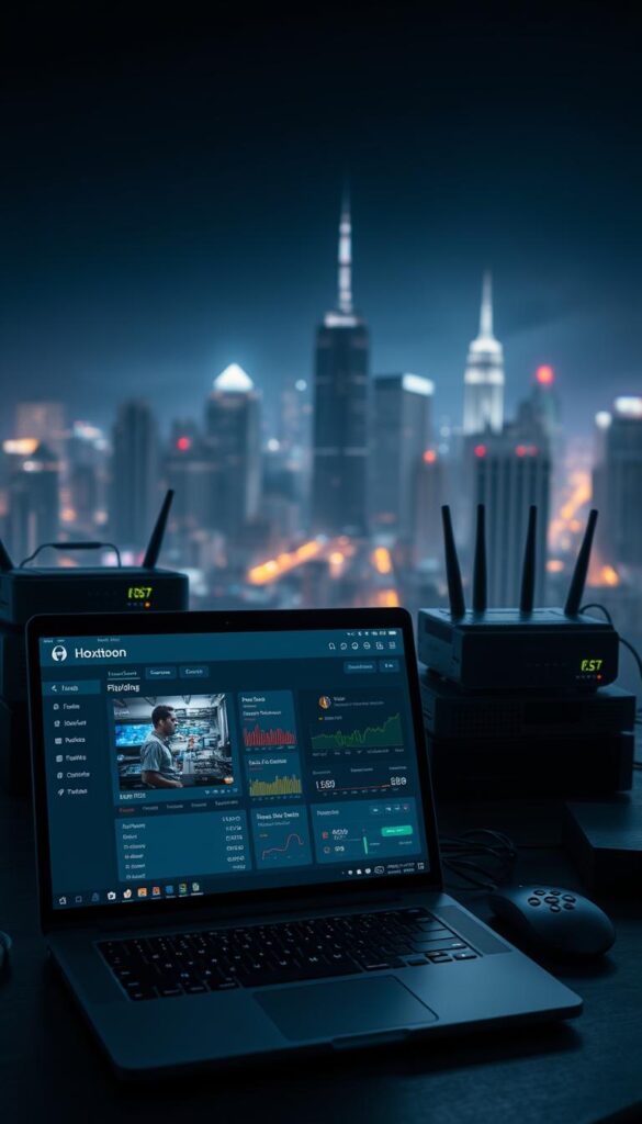 A dark, moody scene of a digital streaming service. In the foreground, a laptop displaying a Hoxtoon Provider interface, showcasing video playback quality metrics and connection details. The middle ground features various networking devices like routers and modems, their status lights blinking rhythmically. In the background, a cityscape at night, with skyscrapers and streetlights casting a soft, neon glow. The overall atmosphere is one of technical complexity and the importance of optimizing IPTV performance for a seamless viewing experience.