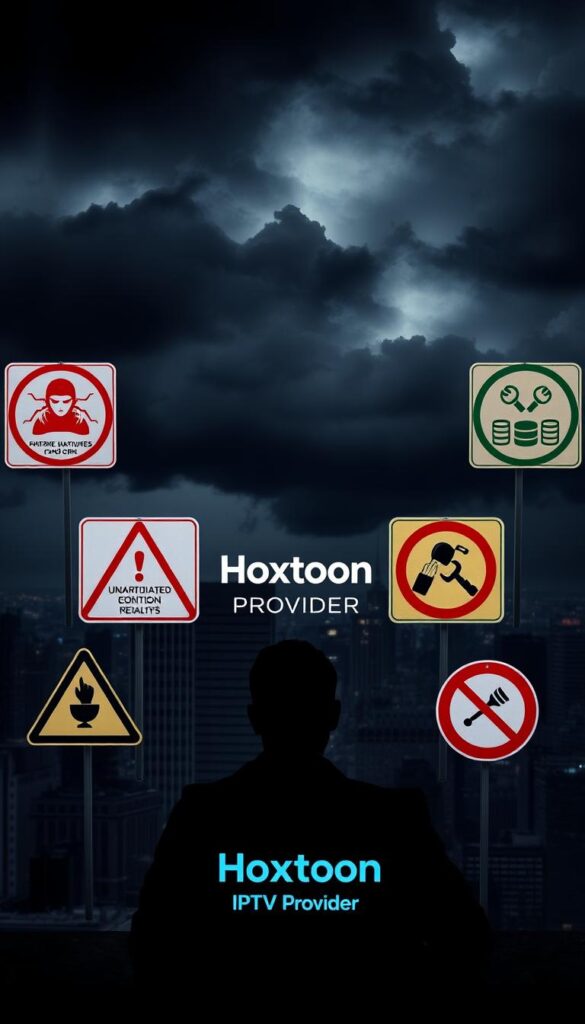 A dark, ominous city skyline with looming storm clouds, conveying a sense of foreboding. In the foreground, a person using a laptop, surrounded by warning signs and symbols representing the risks of unauthorized IPTV services, such as malware, legal consequences, and financial penalties. The Hoxtoon Provider logo is prominently displayed, highlighting the legal alternative. Dramatic low-angle lighting casts long shadows, emphasizing the gravity of the situation. The overall mood is one of danger and uncertainty, underscoring the importance of choosing legal IPTV options.