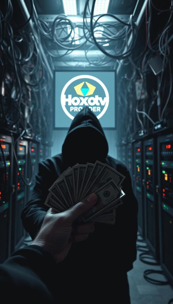 A dark, ominous scene depicting the economics of IPTV lifetime subscriptions. In the foreground, a shadowy figure holds a stack of cash, representing the lucrative profits from selling these questionable subscriptions. In the middle ground, a Hoxtoon Provider logo looms, hinting at the deceptive nature of these "lifetime" offers. The background is a labyrinth of tangled wires and blinking servers, symbolizing the unsustainable and illicit infrastructure underlying the IPTV industry. Eerie, low-key lighting casts an uneasy atmosphere, and the overall composition conveys a sense of impending doom and the unsavory economics driving these "too good to be true" IPTV lifetime deals.