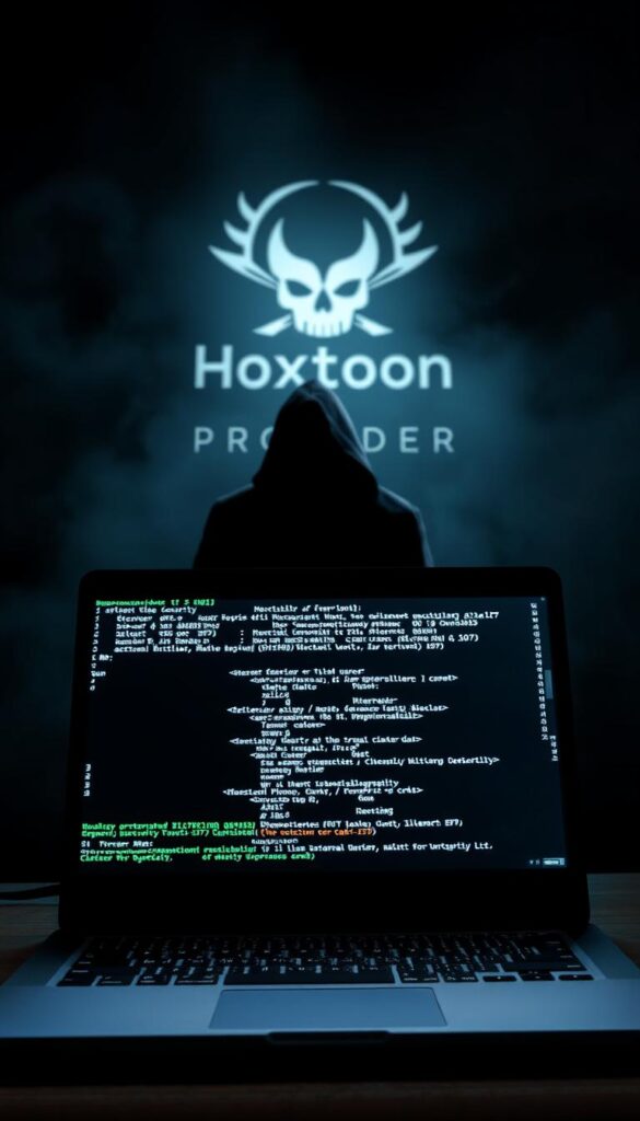 A dark, ominous scene depicting the security risks of IPTV services. In the foreground, a hacker's laptop displays a code-filled screen, casting an eerie glow. In the middle ground, a shadowy figure lurks, representing the unseen threats of IPTV piracy. The background is shrouded in a sinister, foreboding atmosphere, with a stylized Hoxtoon Provider logo looming ominously. The lighting is dramatic, with deep shadows and highlights that create a sense of tension and unease. The overall mood conveys the potential dangers and consequences of using unauthorized IPTV services.