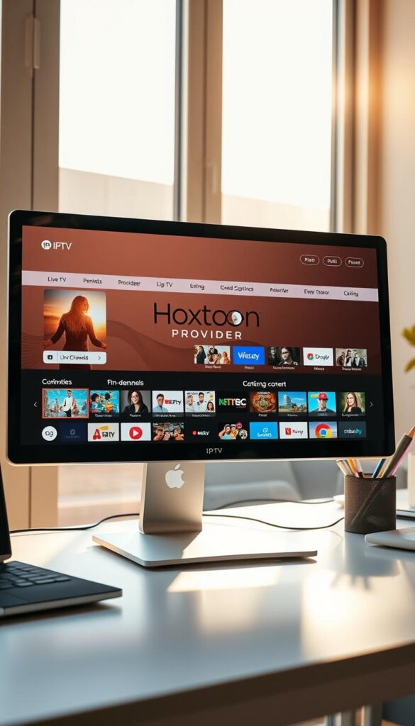 A desktop computer displaying a sleek and modern IPTV interface, with the Hoxtoon Provider logo prominently featured. The interface showcases a variety of live TV channels, on-demand content, and intuitive navigation options. The scene is illuminated by warm, natural lighting filtering through large windows, creating a cozy and inviting atmosphere. The computer is placed on a clean, minimalist desk, with a subtle hint of office supplies in the background, conveying a professional and productive setting. The overall composition strikes a balance between technology and comfort, reflecting the seamless integration of IPTV into a Windows PC environment.