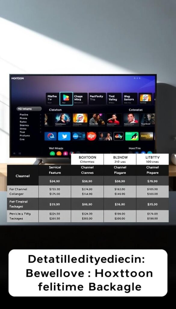 A detailed and visually engaging breakdown of IPTV pricing packages from the Hoxtoon Provider. In the foreground, a sleek, minimalist table showcases the various Hoxtoon lifetime subscription options, with clear and concise pricing information. The middle ground features a clean, modern interface displaying channel lineups and service features. The background subtly incorporates abstract geometric patterns and gradients, conveying a sense of technology and innovation. The lighting is soft and directional, casting subtle shadows to add depth and dimension. The overall tone is professional, informative, and visually appealing, perfectly suited to illustrate the "Detailed Pricing Breakdown: Hoxtoon Lifetime Packages" section of the article.