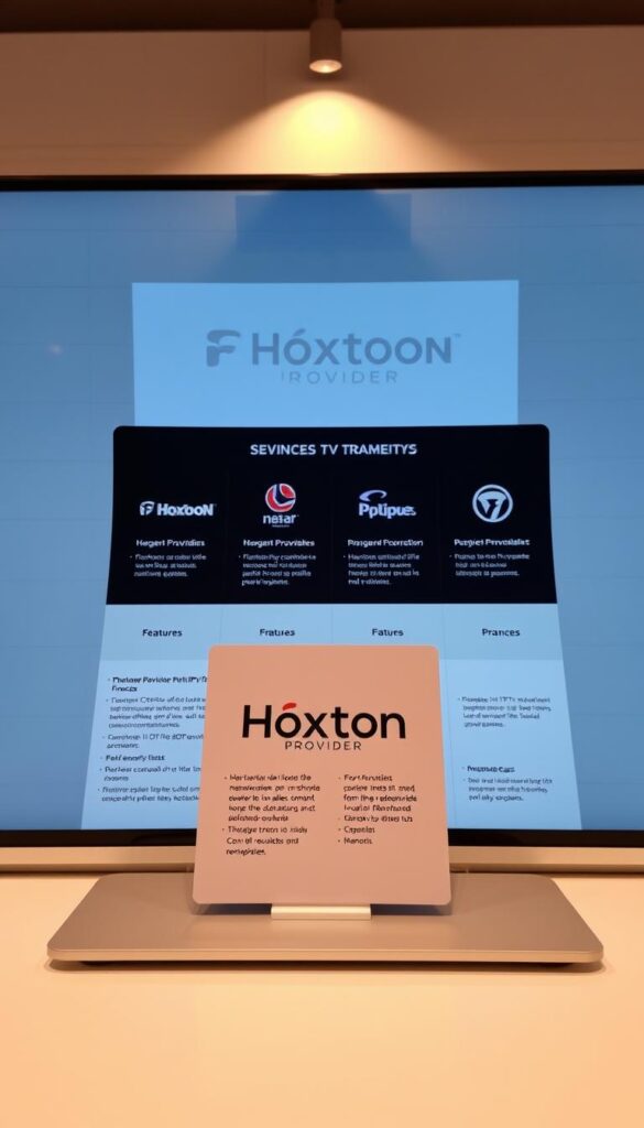 A detailed comparison of IPTV providers in France, showcased on a sleek, modern desktop display. In the foreground, the Hoxtoon Provider logo stands prominently, flanked by concise bullet points highlighting its key features and offerings. The middle ground features neatly arranged panels displaying the logos and brief descriptions of other leading IPTV providers in the French market, allowing for a side-by-side evaluation. The background presents a sophisticated, minimalist setting with subtle grid lines and a muted color palette, creating a professional, informative atmosphere. Subtle lighting from above casts a warm, focused glow on the display, accentuating the clarity and precision of the comparison.