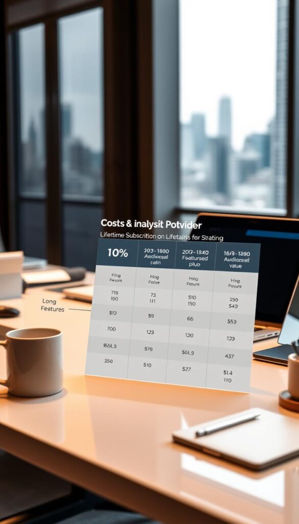 A detailed cost analysis chart comparing the Hoxtoon Provider lifetime subscription against their monthly plans. The chart is displayed on a sleek, modern desk with a laptop, coffee mug, and other office accessories in the foreground. The background features a blurred city skyline, conveying a professional, corporate atmosphere. The chart itself is clean and minimalist, showcasing key metrics such as pricing, features, and long-term value in a clear, easy-to-understand format. Warm, directional lighting illuminates the scene, creating depth and highlighting the important details.