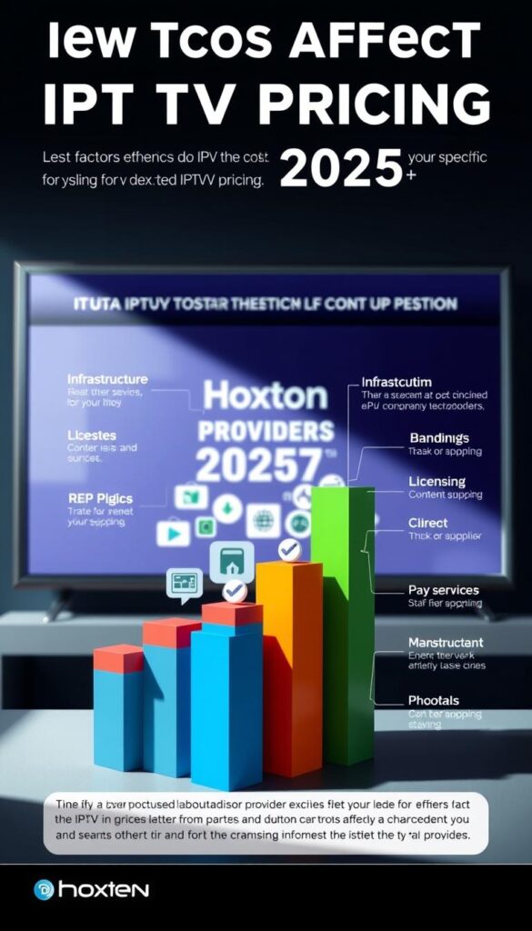 A detailed infographic depicting the key factors affecting IPTV pricing in 2025. In the foreground, a stack of colorful bar charts showcasing the relative impact of various cost drivers, including infrastructure, bandwidth, content licensing, and customer support. In the middle ground, a group of stylized icons representing these factors, arranged in a visually striking manner. In the background, a sleek, minimalist interface displaying the Hoxtoon Provider brand, hinting at the technological advancements shaping the IPTV landscape. Lighting is crisp and directional, creating depth and emphasizing the infographic's clarity. The overall mood is one of data-driven professionalism, reflecting the analytical nature of the topic.
