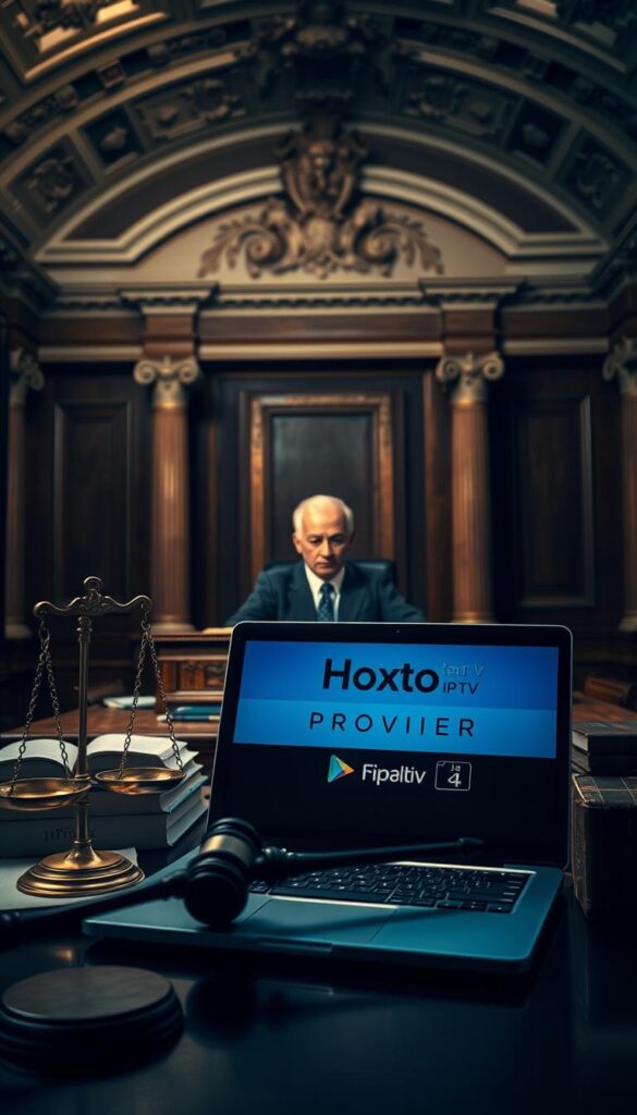 A dimly lit courtroom, the scales of justice prominently displayed. In the foreground, a laptop screen shows the Hoxtoon Provider IPTV service, its legality being scrutinized. Surrounding the laptop, law books, gavel, and a prosecutor's table, conveying the gravity of the legal proceedings. The middle ground features a stern-faced judge, their expression reflecting the weight of the decision. In the background, a vaulted ceiling and ornate columns suggest the grandeur and authority of the German legal system. The overall atmosphere is one of tension and uncertainty, as the legality of IPTV usage in Germany hangs in the balance.