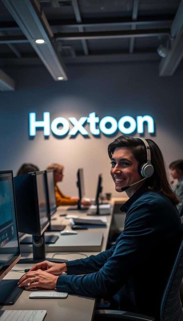 A dimly lit customer support office for the Hoxtoon Provider, with a team of friendly and attentive agents seated at their desks, ready to assist customers. The room has a warm, inviting atmosphere, with soft lighting and a neutral color palette. In the foreground, a customer service representative is engaged in a conversation, their expression conveying empathy and a willingness to help. The middle ground features several other agents focused on their computer screens, while the background showcases a large Hoxtoon logo prominently displayed on the wall, reinforcing the brand identity. The overall scene suggests a professional, reliable, and customer-centric support experience.