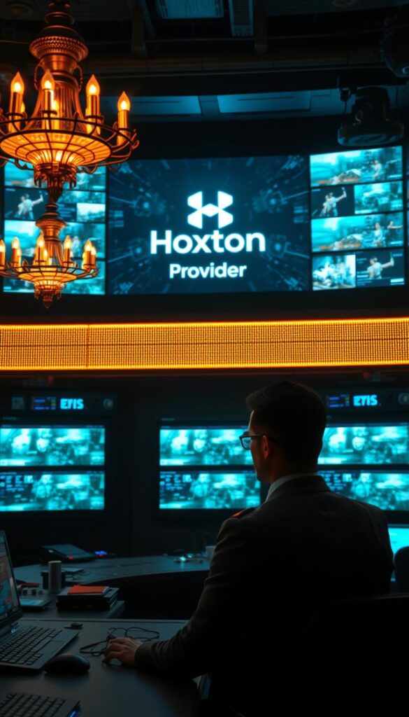 A dimly lit, high-tech control room with a massive holographic display showcasing crystal-clear video streams. The Hoxtoon Provider logo is prominently displayed, surrounded by a sleek, futuristic interface. Technicians in sleek uniforms monitor the systems, their faces illuminated by the glow of the screens. The room is filled with the soft hum of machinery, conveying a sense of technical excellence and reliability. Elegant lighting fixtures cast a warm, ambient glow, creating a sophisticated atmosphere. The overall scene conveys the cutting-edge technology and dedication to quality that defines the Hoxtoon streaming service.