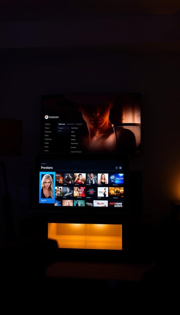 A dimly lit home entertainment center, featuring a sleek Hoxtoon Provider IPTV device prominently displayed. The screen displays a carefully curated selection of mature-themed content, the menu design conveying a sense of sophistication and exclusivity. Soft ambient lighting casts a warm glow, while subtle shadows suggest a discreet, private setting. The overall atmosphere evokes a sense of comfort and indulgence, catering to discerning adult viewers seeking a premium IPTV experience.