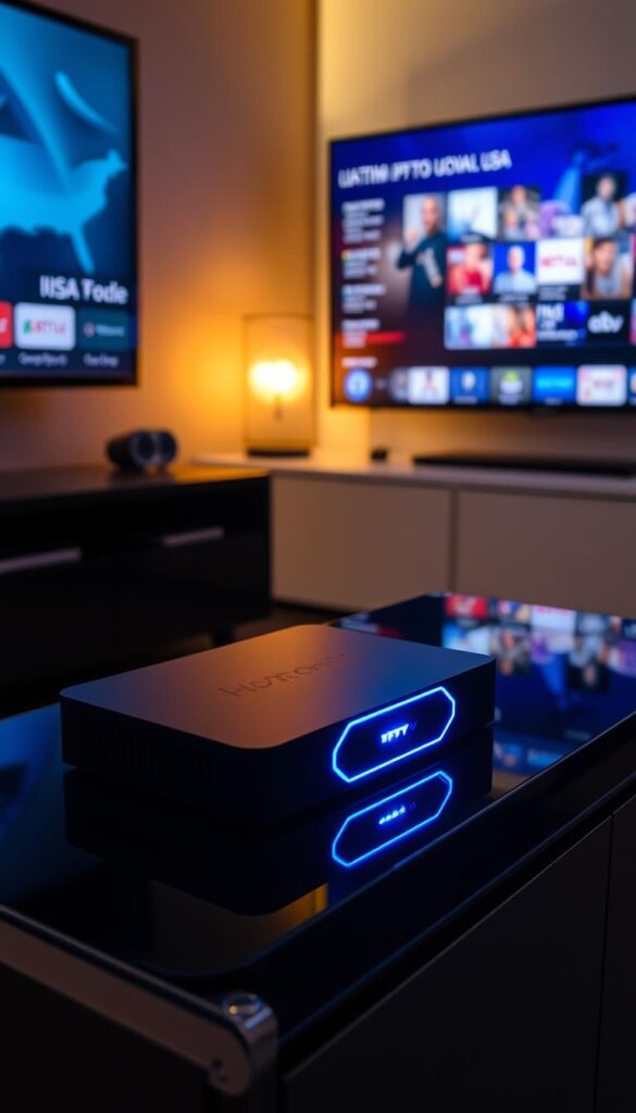 A dimly lit home entertainment center showcases a Hoxtoon Provider streaming device prominently displayed on a sleek, modern media cabinet. The device's glowing blue indicator light reflects off the glossy, black surface, creating an atmospheric ambiance. In the background, a large HDTV displays a vibrant, high-quality IPTV stream, showcasing the service's lifetime USA coverage and reliable performance. The scene conveys the convenience and longevity of a Hoxtoon Provider IPTV subscription, ideal for the discerning cord-cutter seeking a premium streaming experience.