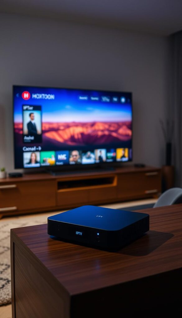 A dimly lit home entertainment center showcases a modern IPTV streaming setup. In the foreground, a sleek Hoxtoon Provider device rests on a minimalist wooden cabinet, its elegant design and soft blue LED accents accentuating the premium nature of the product. The middle ground features a large, high-definition television displaying a vibrant landscape of IPTV channel options, representing the vast content library available to Canadian consumers. In the background, subtle ambient lighting creates a cozy, immersive atmosphere, hinting at the transformative shift in how Canadians experience television entertainment in the year 2025.