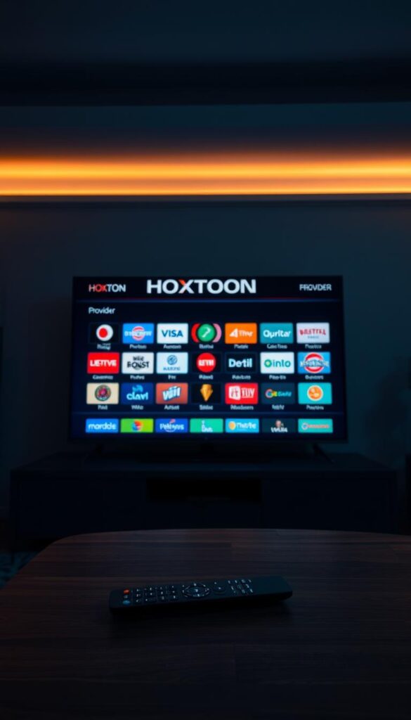 A dimly lit home entertainment center, showcasing a sleek, modern HOXTOON Provider interface on a large flatscreen TV. The screen displays a grid of colorful, high-definition Turkish IPTV channel logos, inviting the viewer to explore a diverse array of programming. The room is bathed in a warm, ambient lighting, creating a cozy and immersive atmosphere. In the foreground, a high-end remote control rests on a minimalist, wooden coffee table, hinting at the seamless user experience. The overall scene conveys a sense of effortless access to a world of Turkish entertainment, tailored to the viewer's preferences.