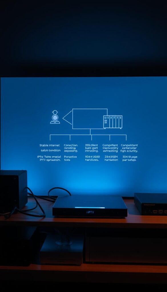 A dimly lit home entertainment center, showcasing a sleek, modern IPTV streaming device from Hoxtoon Provider, surrounded by various networking equipment. The device is prominently displayed, its minimalist design accentuated by soft, directional lighting. In the background, a minimalist graph or diagram illustrates the technical requirements for optimal IPTV streaming, including stable internet connection, sufficient bandwidth, and compatible hardware. The overall atmosphere conveys a sense of efficiency and technological sophistication, reflecting the seamless IPTV experience promised by the Hoxtoon Provider solution.
