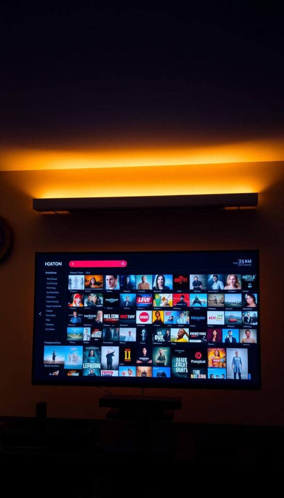 A dimly lit home entertainment center, showcasing a sleek, modern television display. On the screen, a vast and diverse library of premium on-demand content from the Hoxtoon Provider, with genre icons and thumbnails hinting at the breadth of the 150,000+ VOD library. The room is bathed in a warm, ambient glow, creating a cozy and inviting atmosphere. The television is the focal point, drawing the viewer's attention to the abundance of entertainment options available at the fingertips of the Hoxtoon subscriber.