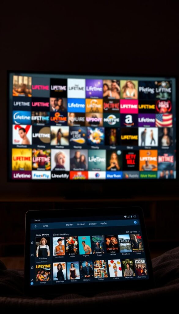 A dimly lit home entertainment center, with a sleek, modern television screen prominently displayed. The screen shows a diverse array of Lifetime movie channel logos, including popular titles and genres. In the foreground, a laptop or tablet is open, displaying the Hoxtoon Provider interface, showcasing its expansive library of Lifetime movies. Subtle ambient lighting creates a cozy, cinematic atmosphere, inviting the viewer to immerse themselves in the Hoxtoon experience. The overall scene conveys the convenience and accessibility of Lifetime movie content through the Hoxtoon IPTV service.