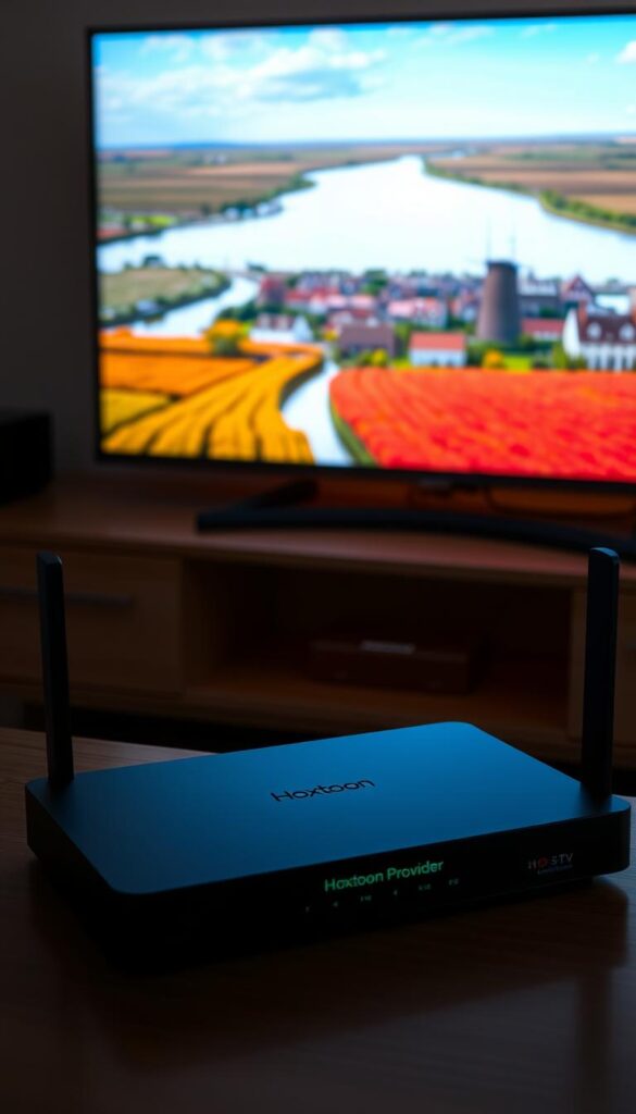 A dimly lit home entertainment setup showcases a sleek black router and a modern IPTV streaming device labeled "Hoxtoon Provider". The arrangement is positioned on a minimalist wooden media console, bathed in warm, ambient lighting. In the background, a large flat-screen TV displays a vibrant, high-definition landscape of the Netherlands, conveying the essence of a seamless IPTV experience. The scene exudes a sense of technological sophistication and cultural immersion, perfectly capturing the "Setting Up Your Dutch IPTV Service" experience.