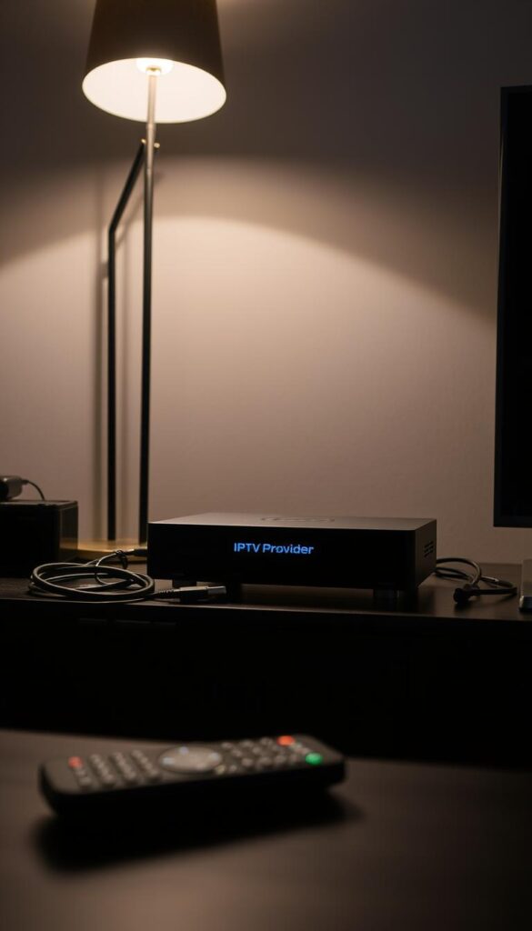 A dimly lit home entertainment setup showcases a sleek, modern IPTV streaming device prominently displayed on a dark wooden media console. The device, emblazoned with the "Hoxtoon Provider" logo, is surrounded by a tidy arrangement of cables and peripherals, conveying a sense of technical proficiency. Subtle ambient lighting from a floor lamp casts a warm glow, creating a cozy, inviting atmosphere perfect for enjoying high-quality IPTV content. The scene is captured through a medium-wide angle lens, emphasizing the cohesive integration of the various components into a seamless, functional IPTV streaming setup.