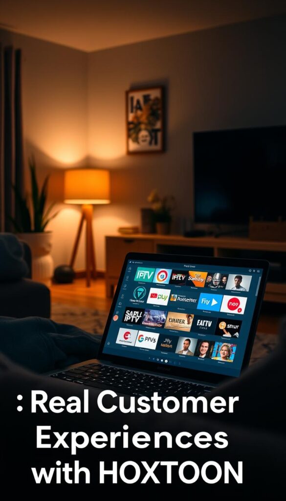 A dimly lit home entertainment setup with a laptop displaying the Hoxtoon Provider logo, surrounded by a cozy living room environment. The laptop screen shows a selection of IPTV channels, conveying the idea of "lifetime IPTV free" content. Soft lighting creates a warm, inviting atmosphere, with hints of modern decor and personal touches in the background, suggesting a real customer's living space. The overall scene should feel authentic and relatable, reflecting the "Real Customer Experiences with HOXTOON" section of the article.
