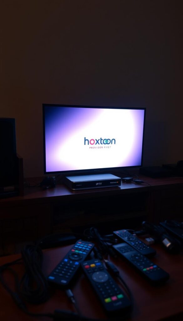 A dimly lit home entertainment setup, with a sleek, modern IPTV device prominently displayed on a wooden media console. The device features the Hoxtoon Provider branding, conveying a sense of reliability and professionalism. The setup is surrounded by various remote controls, cables, and other streaming accessories, creating a visually engaging and informative scene. Soft, warm lighting illuminates the scene, evoking a cozy and inviting atmosphere. The camera angle is slightly elevated, providing a comprehensive view of the setup and its components, making it easy to understand the process of setting up an IPTV device for smooth performance.