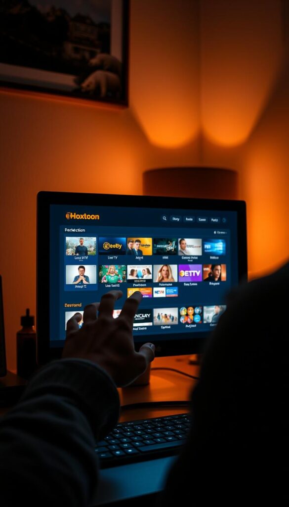 A dimly lit home office, a desktop computer displays the Hoxtoon Provider IPTV interface, showcasing a diverse array of live TV channels and on-demand content. The user's hand navigates the intuitive menu, the glow of the screen illuminating their face, conveying a sense of immersion and control. In the background, subtle ambient lighting casts a warm, cozy atmosphere, complementing the technological focus of the scene. The composition emphasizes the seamless integration of IPTV streaming into the user's everyday computing experience, highlighting the convenience and accessibility of this cutting-edge technology.