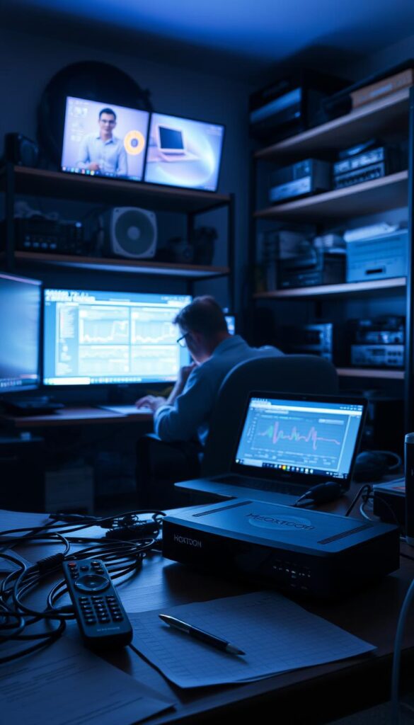 A dimly lit home office, illuminated by the soft glow of multiple digital displays. In the foreground, a Hoxtoon Provider set-top box and remote stand prominently, surrounded by notes, cables, and technical equipment. The middle ground showcases a person deeply engaged in analyzing IPTV performance metrics on their laptop, their face lit by the screen's light. In the background, shelves filled with networking gear and reference materials create a sense of a comprehensive testing setup. The scene conveys a methodical, technical atmosphere, reflecting the careful evaluation of IPTV streaming capabilities.
