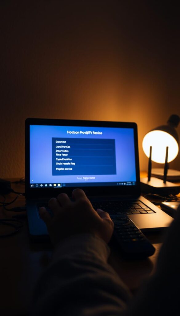 A dimly lit home office setup, with a laptop screen displaying the Hoxtoon Provider IPTV service interface. The desk is cluttered with cables, a router, and a remote control. In the foreground, a user's hands are setting up the service, navigating through the menu options. Soft, warm lighting illuminates the scene, creating a cozy, focused atmosphere. The background is blurred, emphasizing the task at hand. The image conveys the straightforward, step-by-step process of getting the Hoxtoon IPTV service up and running.