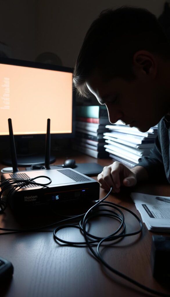 A dimly lit home office, the glow of a computer screen illuminating the space. On the desk, a Hoxtoon Provider IPTV box sits alongside a wireless router, tangled cables snaking across the surface. The user, brow furrowed in concentration, examines the device, troubleshooting the connection. In the background, a stack of technical manuals and reference guides provide a sense of the complexity involved in resolving IPTV issues. The scene conveys a sense of problem-solving, with the user determined to overcome the challenge and restore their IPTV service.