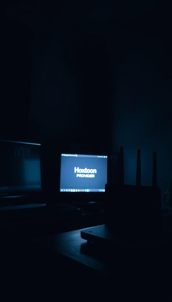 A dimly lit home office, with a desktop computer, modem, and router prominently displayed. Hoxtoon Provider's logo is visible on the modem, indicating the potential risks of using IPTV without a VPN. The room has a sense of foreboding, with shadows casting a sense of unease. The lighting is harsh, creating a stark contrast between the bright technology and the gloomy atmosphere. The overall scene conveys the message that using IPTV without a VPN can expose users to potential risks and privacy concerns.