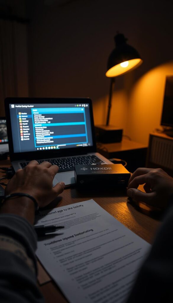 A dimly lit home office with a laptop displaying the Kodi media center interface. Cables and a Hoxtoon Provider IPTV box on the desk, alongside troubleshooting documentation. The user's hands are visible, focused on navigating the Kodi settings. Warm lighting creates a pensive atmosphere, as they work to resolve an IPTV issue. The room's background is softly blurred, emphasizing the technical task at hand.