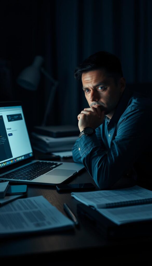 A dimly lit home office with a laptop, smartphone, and documents scattered on a dark wooden desk. A cautious, thoughtful expression on the face of the Hoxtoon Provider as they review safety tips for purchasing IPTV lifetime subscriptions, illuminated by the soft glow of the screen. The background is blurred, with shadows and textures conveying a sense of privacy and concentration. The scene is captured with a shallow depth of field, creating a sense of focus and attention on the key elements.