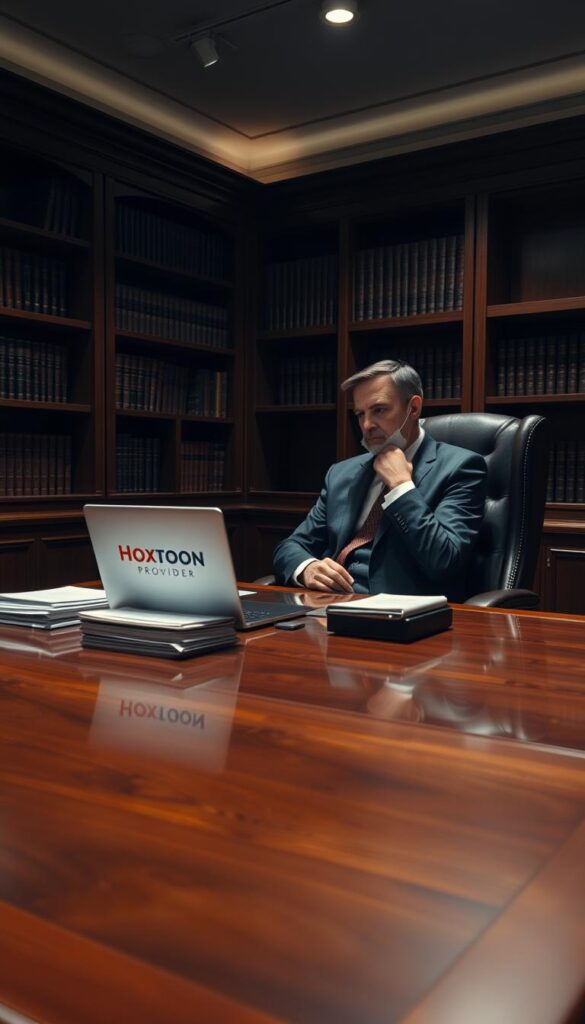 A dimly lit law office, wooden bookshelves lining the walls, a large mahogany desk in the center. On the desk, a laptop displaying the Hoxtoon Provider logo, alongside stacks of legal documents. A serious-looking attorney, dressed in a crisp suit, sits in a high-backed chair, deep in thought. Soft task lighting casts dramatic shadows, conveying the gravity of the legal considerations surrounding IPTV usage. The room exudes an air of professionalism and authority, hinting at the complexities involved in navigating the legal landscape of IPTV.