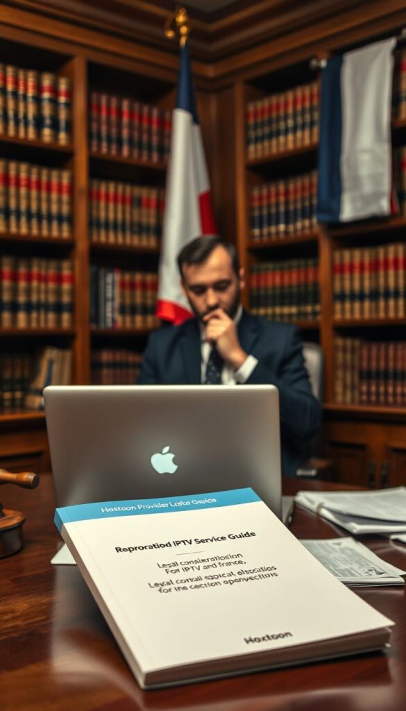 A dimly lit legal office, wooden furniture and shelves filled with law books. In the foreground, a Hoxtoon Provider IPTV service guide sits on a desk, surrounded by papers and a laptop displaying legal considerations for IPTV usage in France. The middle ground features a pensive lawyer, deep in thought, considering the complexities of the French IPTV landscape. In the background, a French flag hangs on the wall, symbolizing the national context. Soft, warm lighting creates a contemplative atmosphere, emphasizing the gravity of the legal issues at hand.