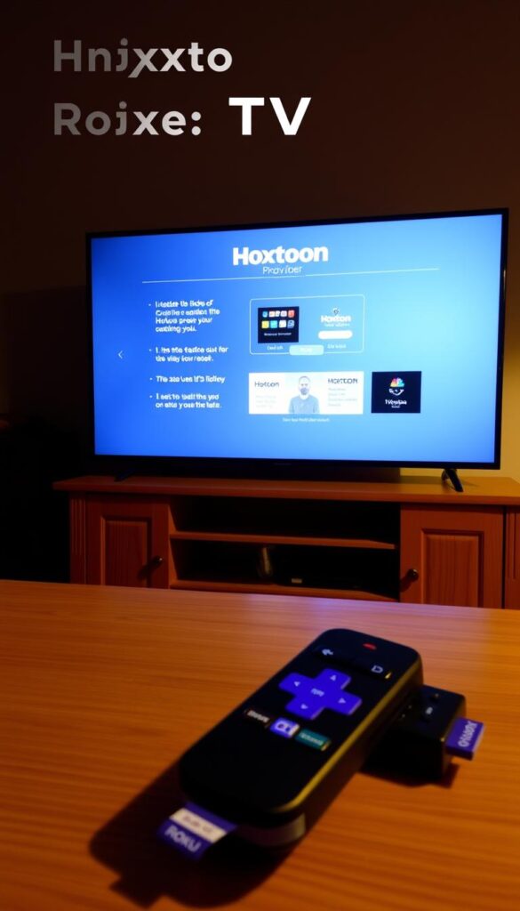 A dimly lit living room, a Roku device prominently displayed on a wooden TV stand. On the screen, a step-by-step guide on installing the "Hoxtoon Provider" IPTV service, with clean, easy-to-follow instructions. The guide's interface is intuitive and visually appealing, showcasing the Hoxtoon logo and branding. Soft, warm lighting illuminates the scene, creating a cozy, inviting atmosphere. The Roku remote is visible, emphasizing the user's interaction with the device. The overall composition suggests a straightforward, user-friendly experience for setting up Hoxtoon IPTV on a Roku platform.